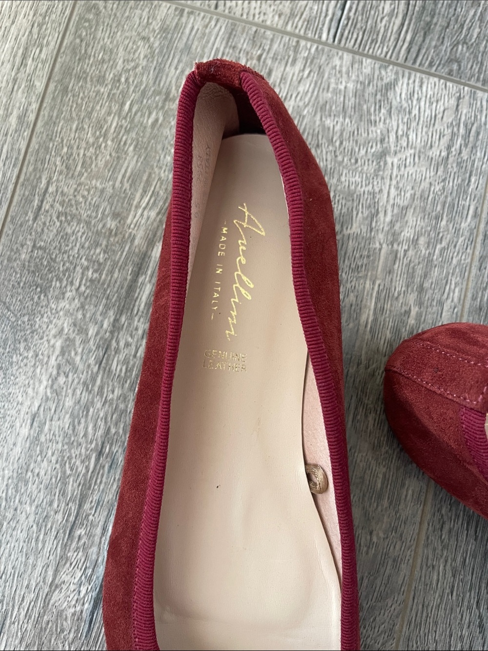 Red Suede Square-Toe Flats with Gold Buckle Accent - Picture 6 of 9